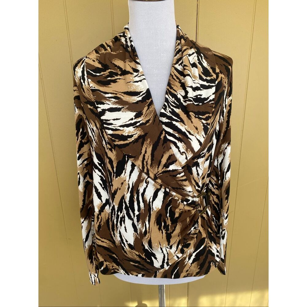 Cache women L fitted side drape v-cut neck longsleeve blouse